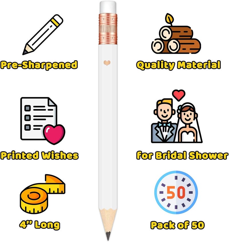 Vusnud 50Pcs - Bridal Shower Sharpened Half Pencils with Erasers, Pre-sharpened Pencils for Bridal Shower & Wedding Games, 4 Inches (Heart - White) - Image 3